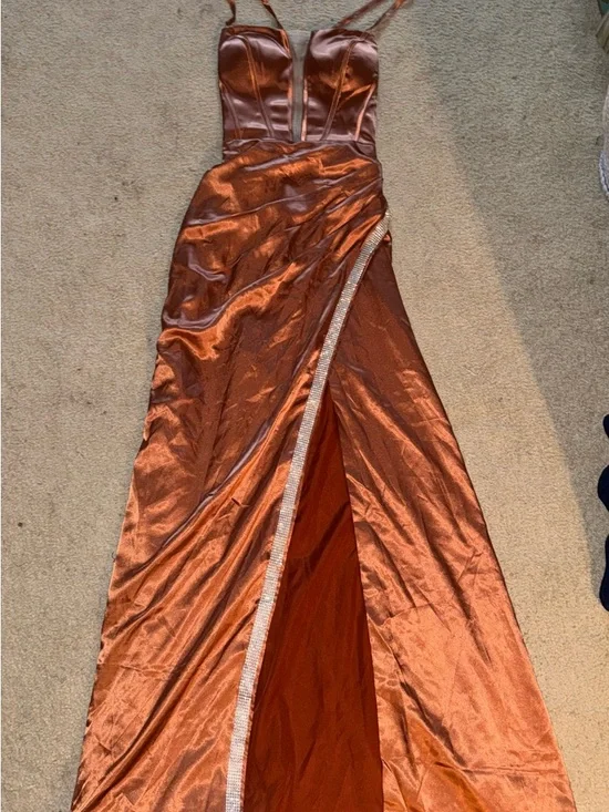 Satin Copper Spaghetti-Strap Prom Dress - Picture 2 of 3